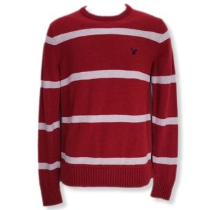 American Eagle Mens M Sweater Red Striped Athletic Fit Crew Neck Wool Blend